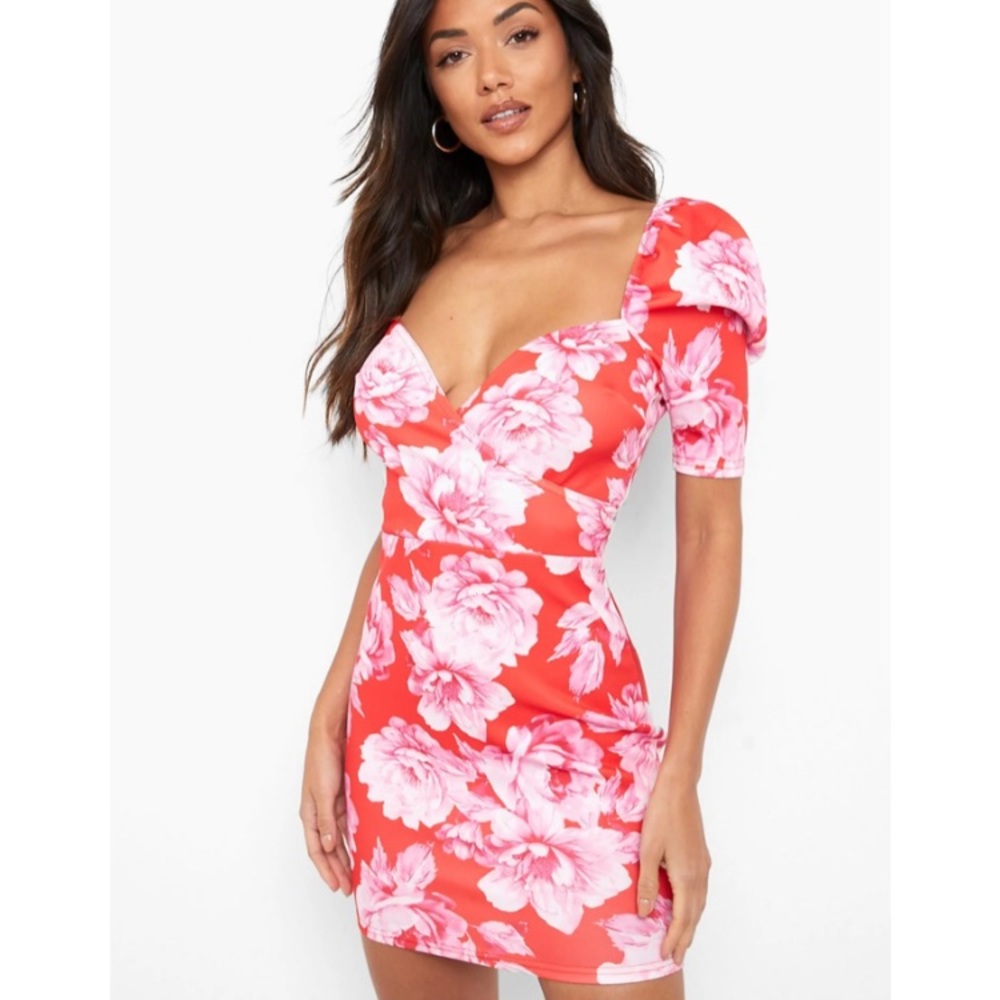 Boohoo Floral Print Puff Sleeve Mini Dress